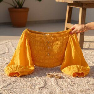 Young Fabulous & Broke YFB Yellow Smocked Off Shoulder Crop Top XS EUC